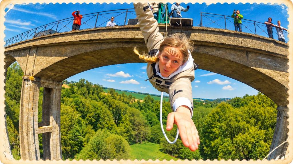 Saut à l’élastique depuis un viaduc dans un paysage naturel